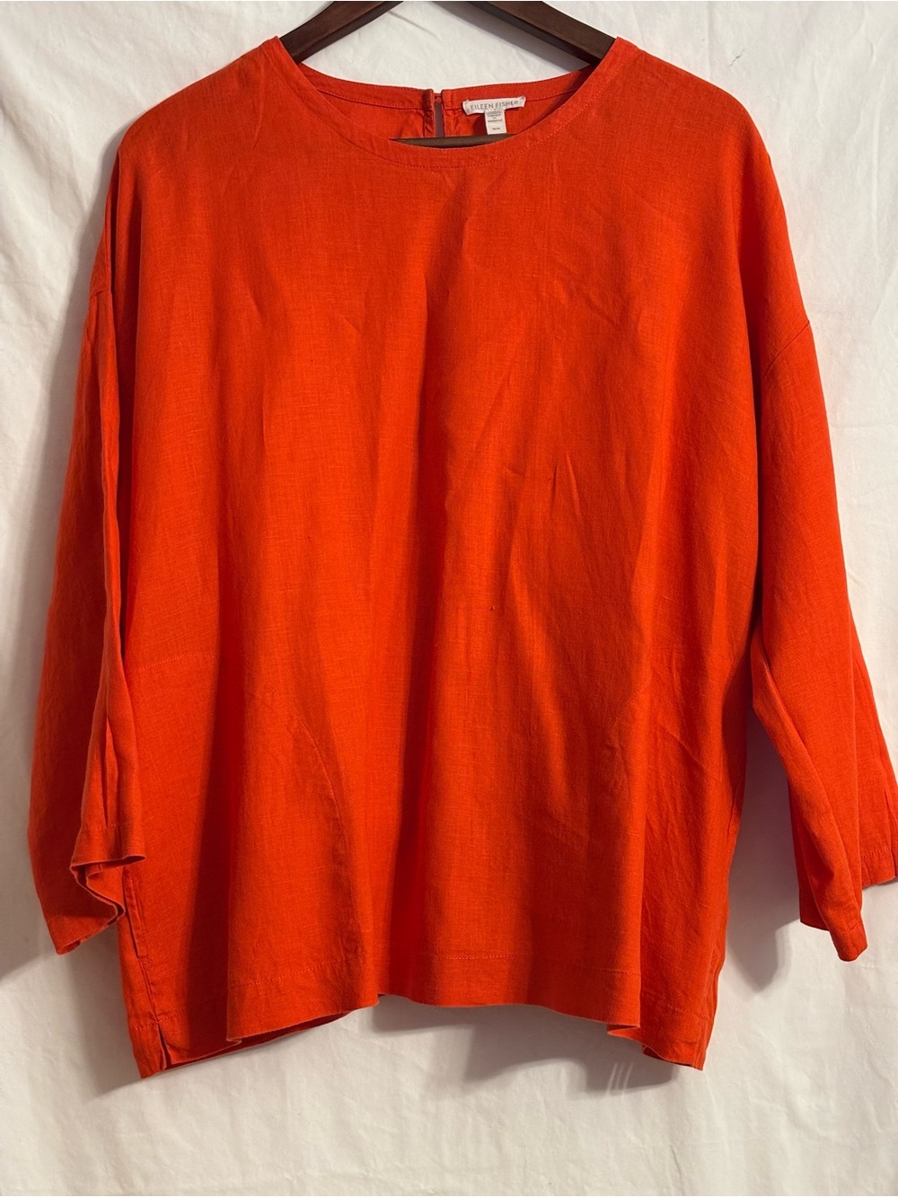 Eileen Fisher orange size medium 3/4 sleeve organic linen tunic, side pockets.
